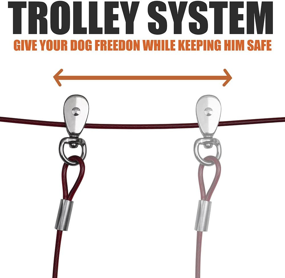 60Ft Aerial Pet Trolley System with 10Ft Pulley Lead - Heavy Duty Dog Tie Out for Yard up to 125 Lbs, Reflective Run Cable (Not a Leash, Bare End)