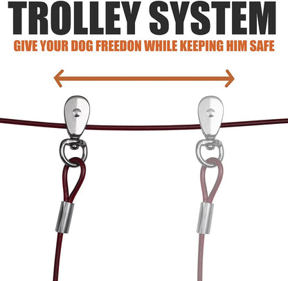 60Ft Aerial Pet Trolley System with 10Ft Pulley Lead - Heavy Duty Dog Tie Out for Yard up to 125 Lbs, Reflective Run Cable (Not a Leash, Bare End)
