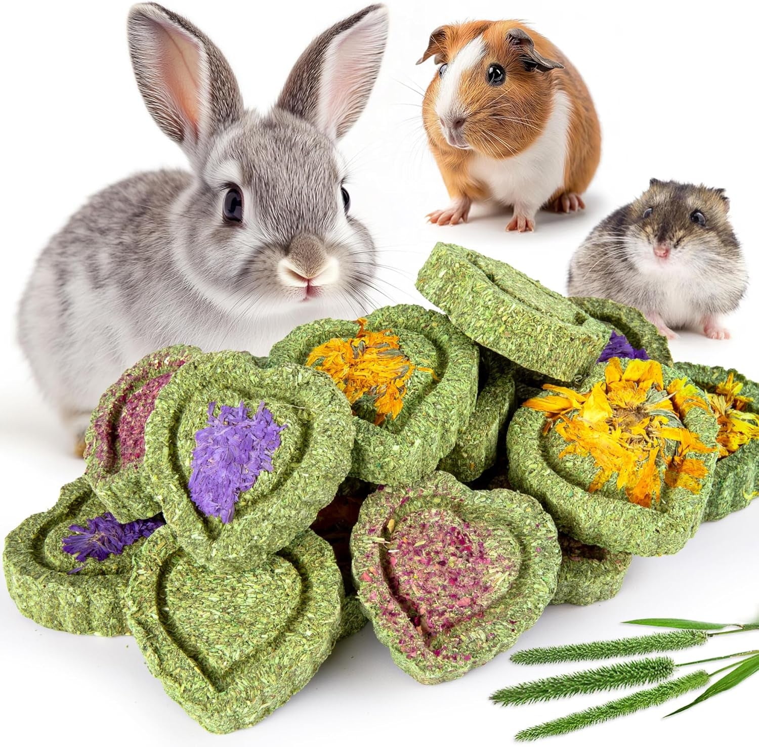 16Pcs Timothy Hay Treats - Natural Chews for Teeth - Handmade Rabbit, Chinchilla, Gerbil, Rat, Hamster Toys - Bunny & Guinea Pig