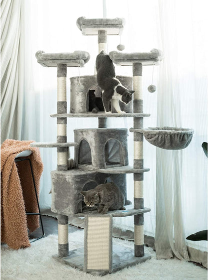 Cat Tree Tower with Multi-Level Large Condo, Platform, MPJ032W | 73.4 Inch Cat Tower with 3 Caves, 3 Cozy Perches, Scratching Posts, Board, Activity Center Stable for Indoor Cats, Light Gray