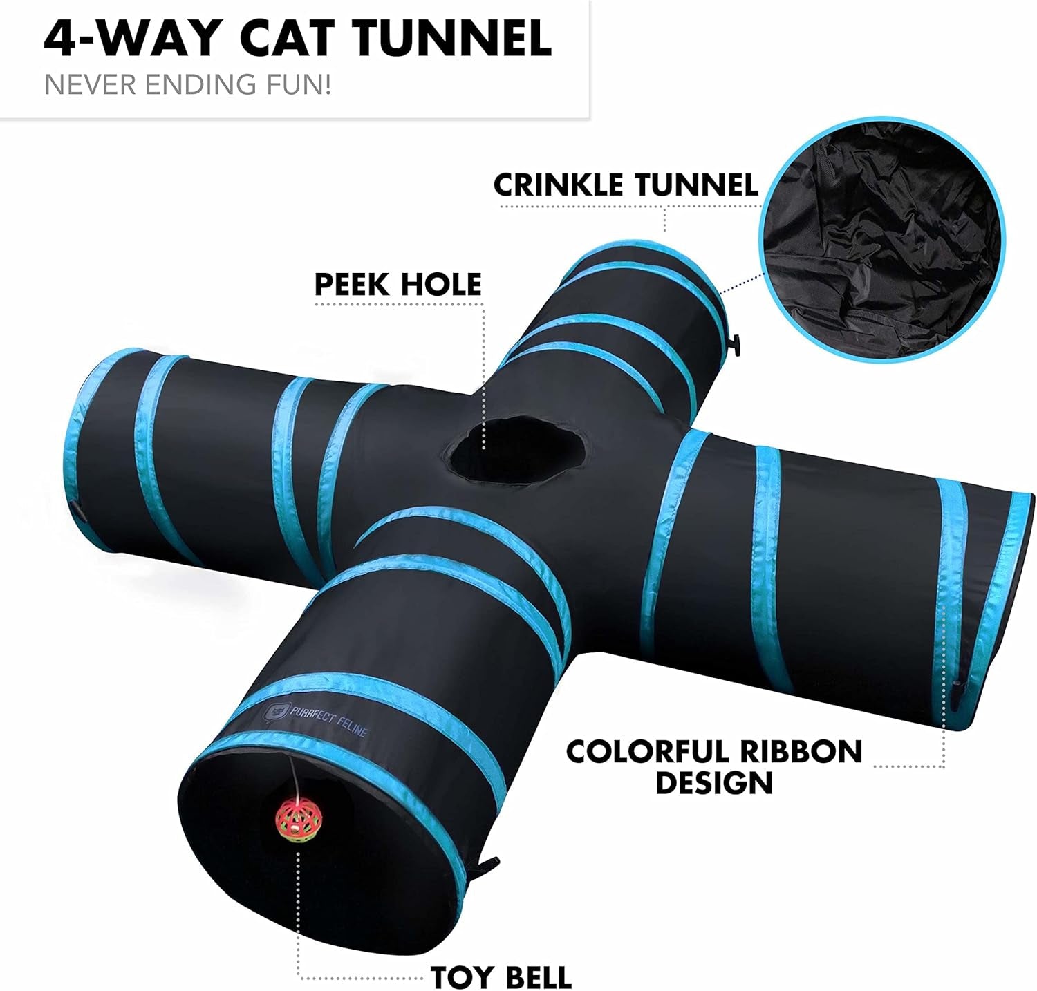 - 4 Way Tunnel and Crinkle Toy - Interactive Cat Toy with Ball - Suitable for Ferrets, Rabbits or Small Dogs - Light Blue - XL