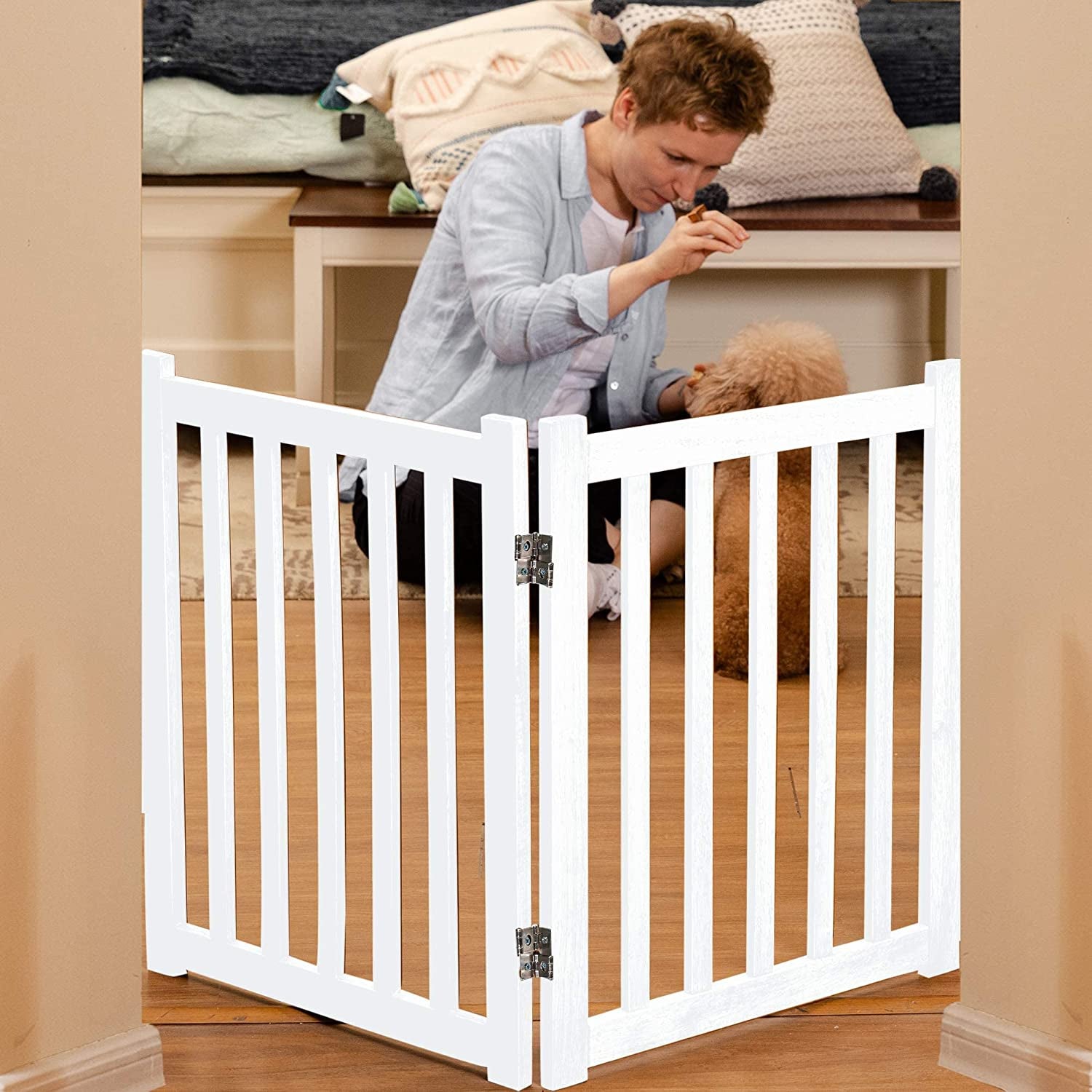 Wooden Free Standing Dog Gate 40" W X 24" H, Foldable Solid Hardwood Pet Safety Fence for House Doorways, Stairs, Hallways, Step-Over Pet Barrier, No Drill Easy Setup, White