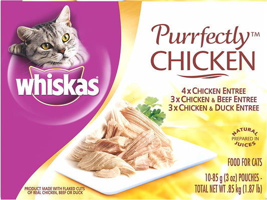 Purrfectly Chicken Wet Cat Food, Variety Pack, 10 Count, 4 Pack | Chicken, Chicken & Beef & Duck Varieties, Flavor-Lock Pouches Seal in Juices, 9% Crude Protein, Pack of 4