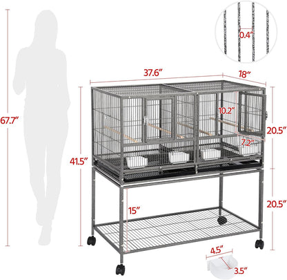 Yaheetech 41.5" Stackable Divided Breeder Breeding Parakeet Bird Cage for Canaries Cockatiels Lovebirds Finches Budgies Small Parrots with Rolling Stand, Black