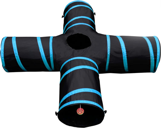 - 4 Way Tunnel and Crinkle Toy - Interactive Cat Toy with Ball - Suitable for Ferrets, Rabbits or Small Dogs - Light Blue - XL