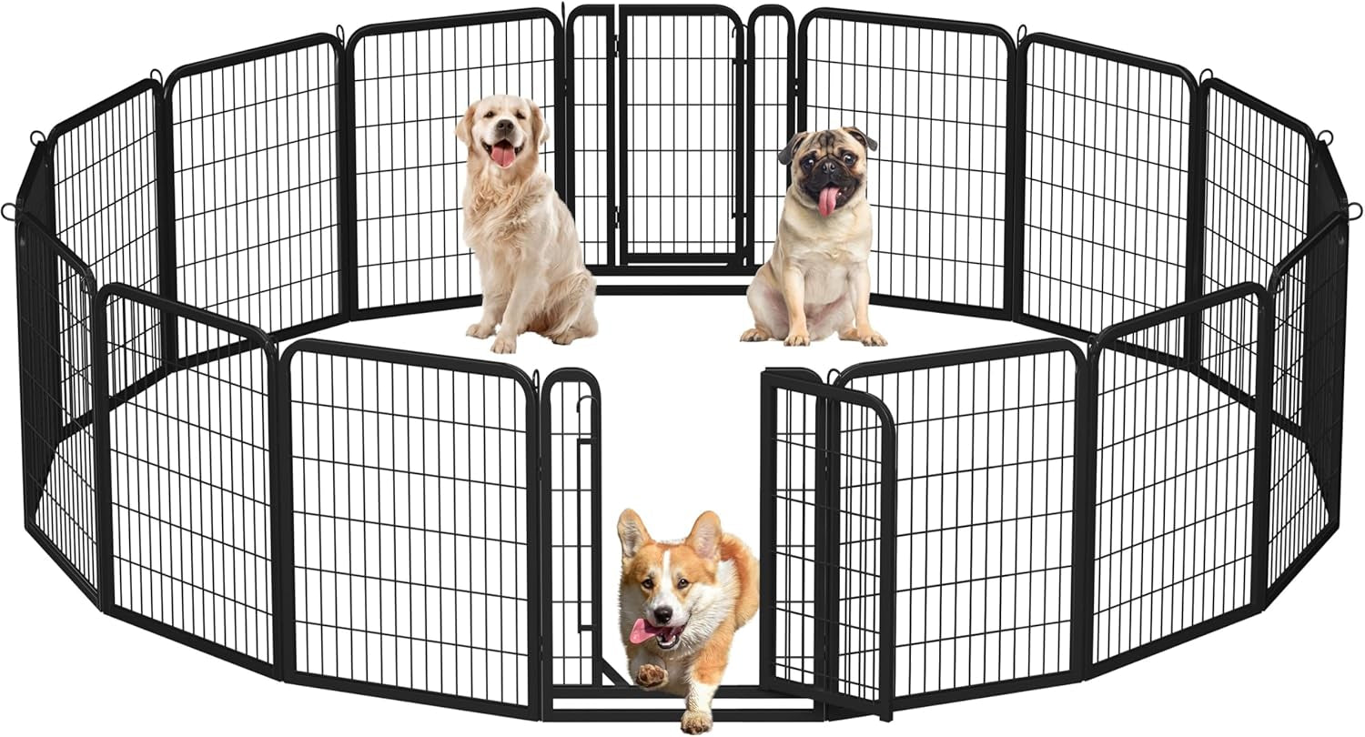 Yaheetech Dog Playpen 32In 16 Panels Pet Fence for Indoor Yard RV Camping | Easy Setup, Heavy Duty Rustproof Frame with Secure Latch Door, DIY Layouts,Foldable Storage, for Small & Medium Dogs