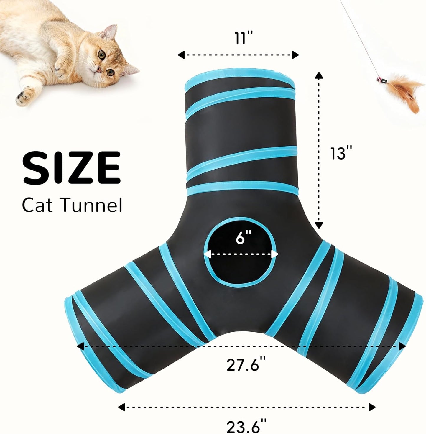 Pet Cat Tunnel Tube Toys 3 Way Collapsible, Tunnels for Indoor Cats, Interactive Tube with Teaser Wand, Peek Holes & Hanging Ball, Black & Blue