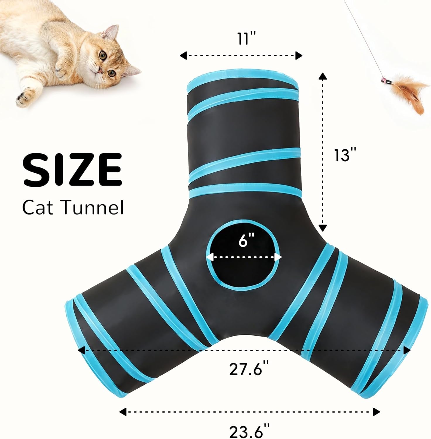 Pet Cat Tunnel Tube Toys 3 Way Collapsible, Tunnels for Indoor Cats, Interactive Tube with Teaser Wand, Peek Holes & Hanging Ball, Black & Blue