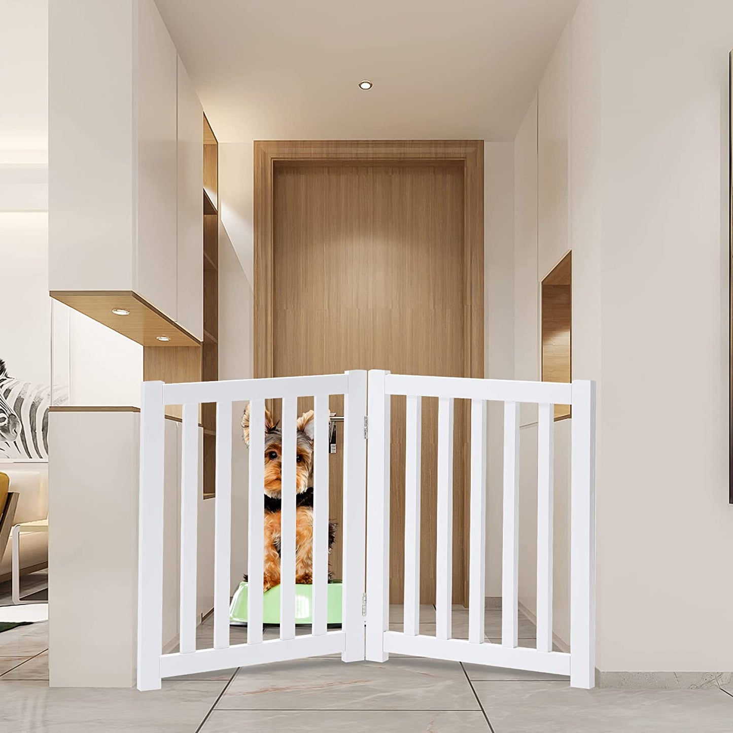 Wooden Free Standing Dog Gate 40" W X 24" H, Foldable Solid Hardwood Pet Safety Fence for House Doorways, Stairs, Hallways, Step-Over Pet Barrier, No Drill Easy Setup, White