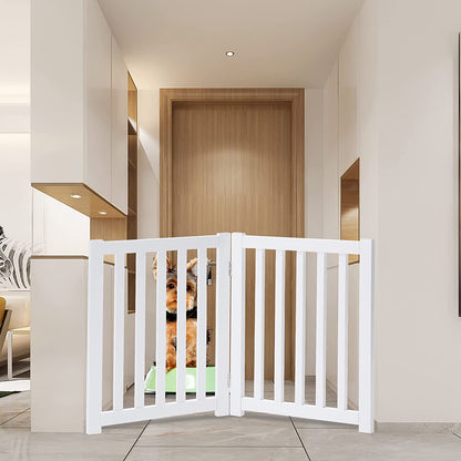 Wooden Free Standing Dog Gate 40" W X 24" H, Foldable Solid Hardwood Pet Safety Fence for House Doorways, Stairs, Hallways, Step-Over Pet Barrier, No Drill Easy Setup, White
