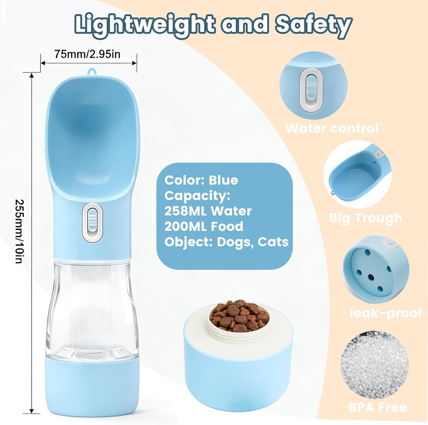 Portable Dog Water Bottle with Food Container Dishwasher Safe-Blue | 3 IN1 Drinking Bottle for Pet Puppy Outdoor Walking Hiking Travel | BPA Free Leak Proof Dog Water Dispenser with Bowl