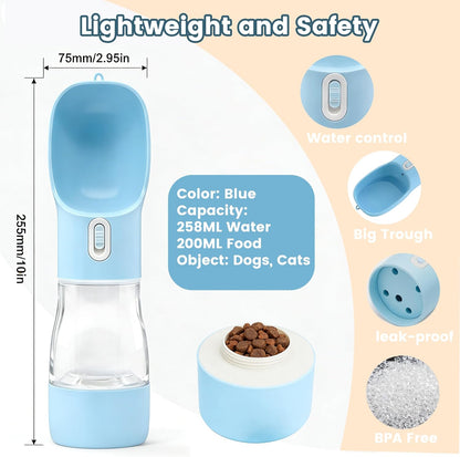 Portable Dog Water Bottle with Food Container Dishwasher Safe-Blue | 3 IN1 Drinking Bottle for Pet Puppy Outdoor Walking Hiking Travel | BPA Free Leak Proof Dog Water Dispenser with Bowl