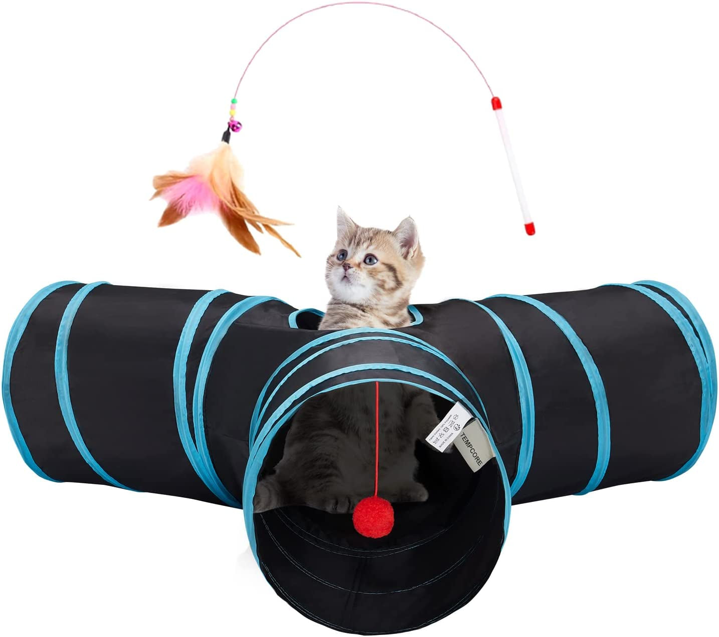 Pet Cat Tunnel Tube Toys 3 Way Collapsible, Tunnels for Indoor Cats, Interactive Tube with Teaser Wand, Peek Holes & Hanging Ball, Black & Blue