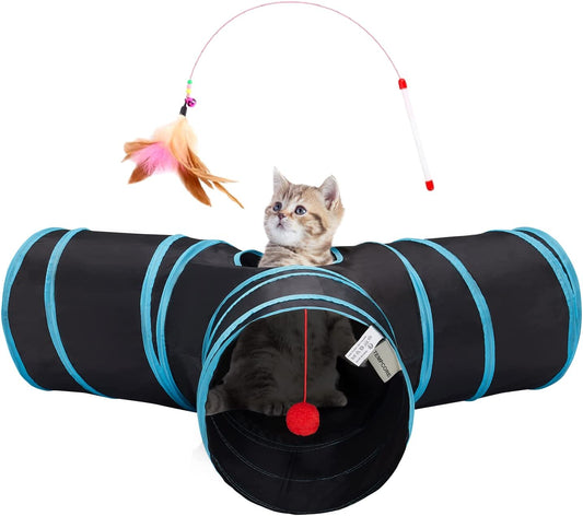 Pet Cat Tunnel Tube Toys 3 Way Collapsible, Tunnels for Indoor Cats, Interactive Tube with Teaser Wand, Peek Holes & Hanging Ball, Black & Blue