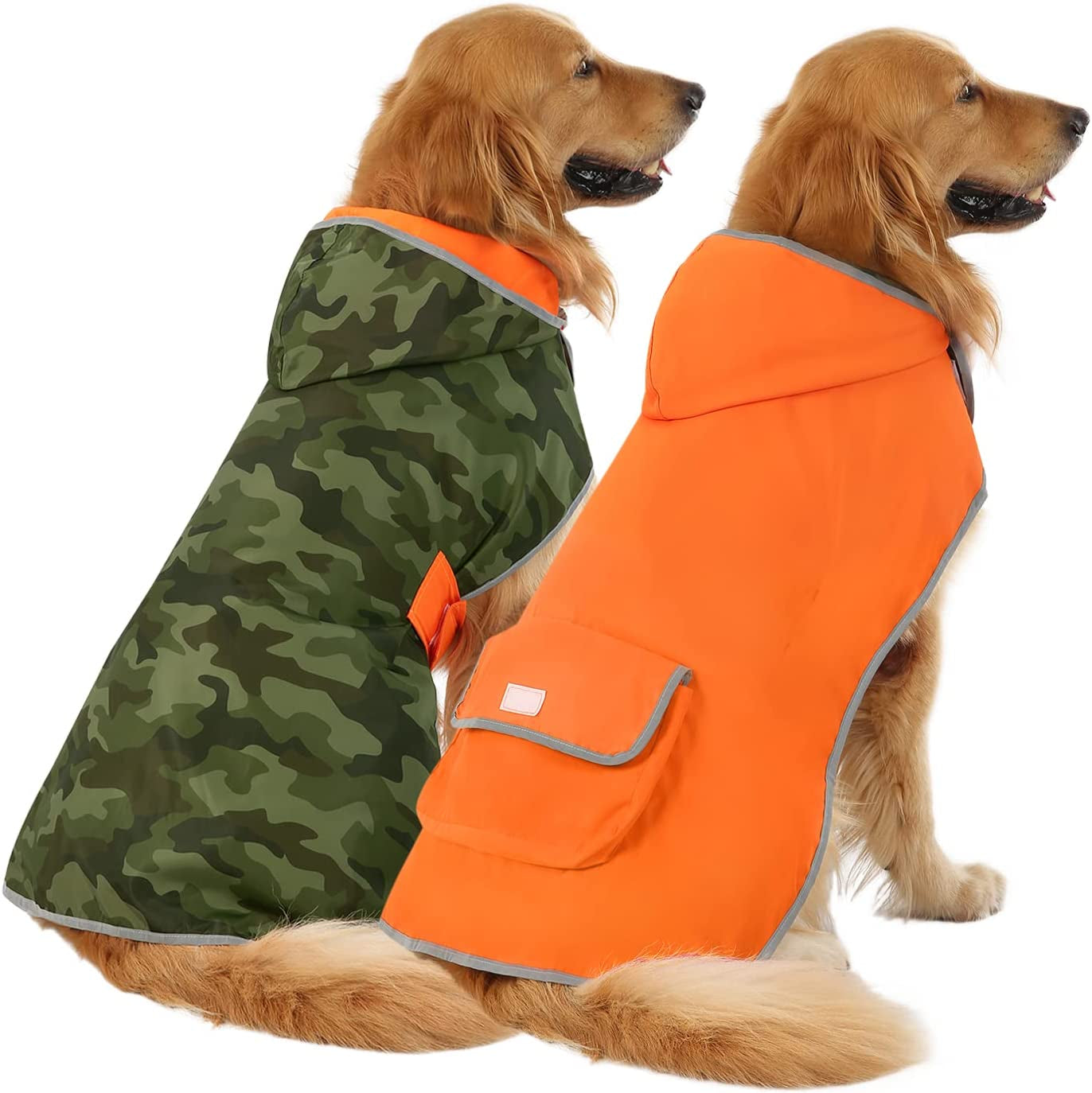 Reversible Hooded Dog Raincoat Slicker Poncho for Small Medium Large Dogs - Camo Orange - L - Polyester