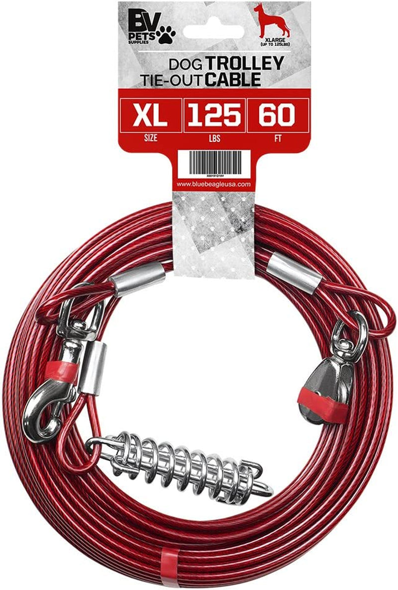 60Ft Aerial Pet Trolley System with 10Ft Pulley Lead - Heavy Duty Dog Tie Out for Yard up to 125 Lbs, Reflective Run Cable (Not a Leash, Bare End)