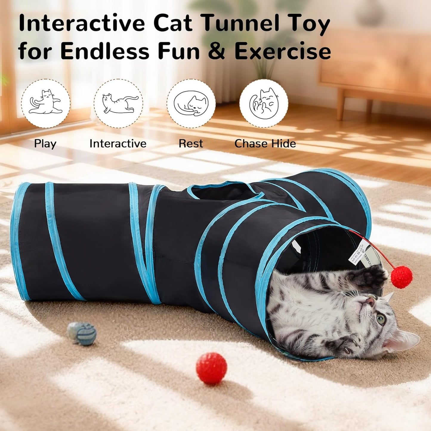 Pet Cat Tunnel Tube Toys 3 Way Collapsible, Tunnels for Indoor Cats, Interactive Tube with Teaser Wand, Peek Holes & Hanging Ball, Black & Blue