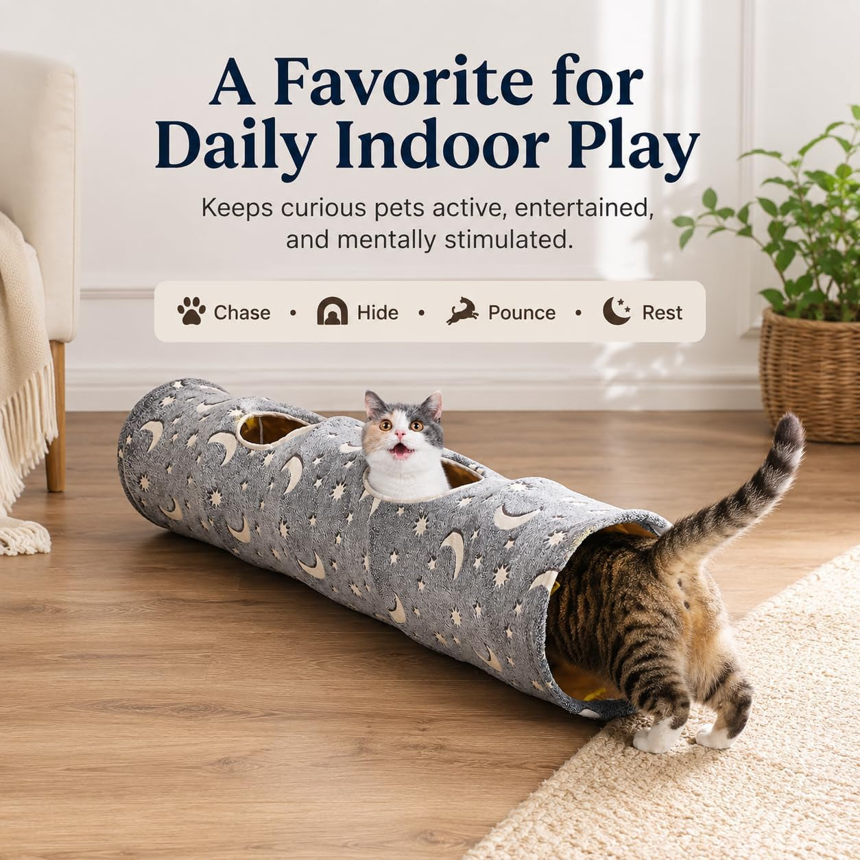 Cat Tunnel Tube with Plush Ball Toys Collapsible Self-Luminous Photoluminescence, for Small Animals Pets Bunny Rabbits, Kittens, Ferrets,Puppy and Dogs Grey Moon Star