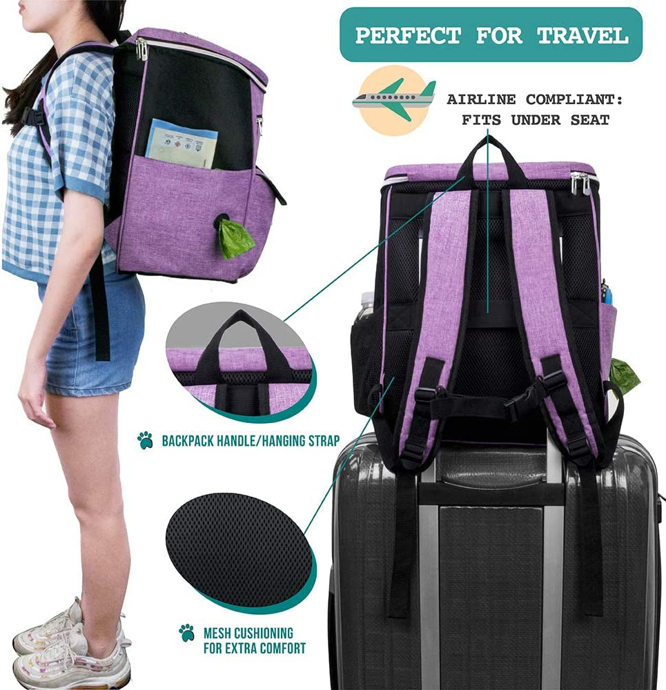 Dog Travel Backpack 27L Airline Approved Pet Supplies Bag, Purple | Cat Traveling Suitcase Organizer for Weekend Road Trip Camping; 2 Food Containers, 2 Collapsible Bowls & Poop Bag Dispenser
