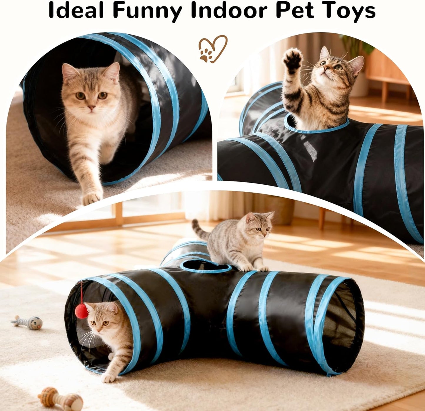 Pet Cat Tunnel Tube Toys 3 Way Collapsible, Tunnels for Indoor Cats, Interactive Tube with Teaser Wand, Peek Holes & Hanging Ball, Black & Blue