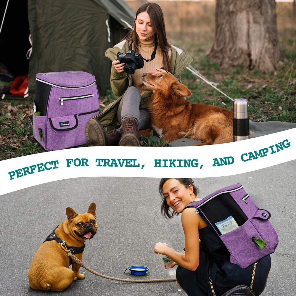 Dog Travel Backpack 27L Airline Approved Pet Supplies Bag, Purple | Cat Traveling Suitcase Organizer for Weekend Road Trip Camping; 2 Food Containers, 2 Collapsible Bowls & Poop Bag Dispenser