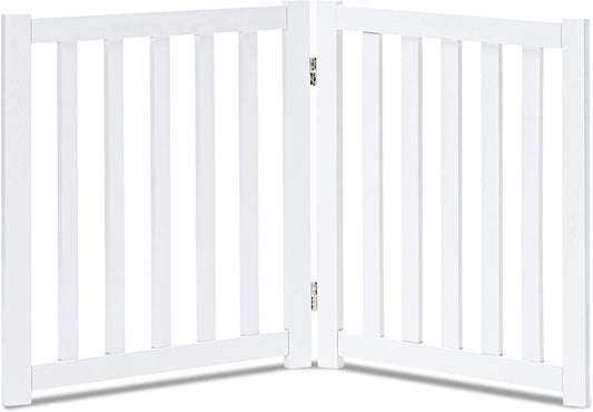 Wooden Free Standing Dog Gate 40" W X 24" H, Foldable Solid Hardwood Pet Safety Fence for House Doorways, Stairs, Hallways, Step-Over Pet Barrier, No Drill Easy Setup, White