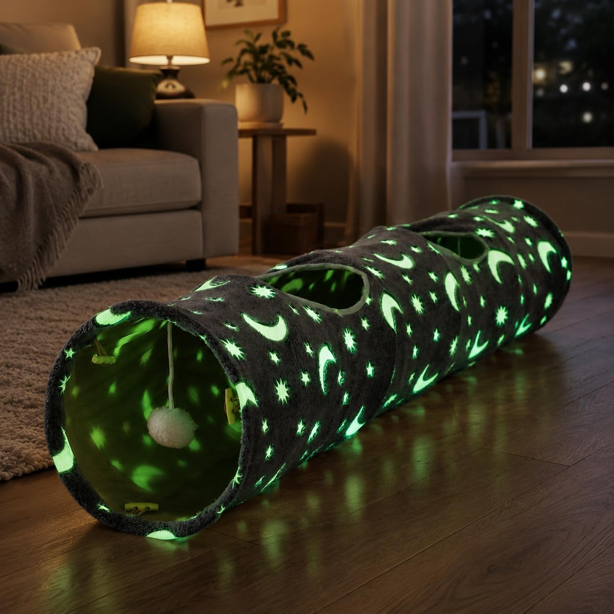 Cat Tunnel Tube with Plush Ball Toys Collapsible Self-Luminous Photoluminescence, for Small Animals Pets Bunny Rabbits, Kittens, Ferrets,Puppy and Dogs Grey Moon Star
