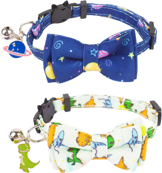Dinosaur Boy Cat Collar Breakaway with Bow Tie Bell, 2 Pack | Soft Fabric, Safe Breakaway Buckle, Cute Dinosaur & Space Print, Detachable Bowtie & Charm, Adjustable, for Kitten Cat