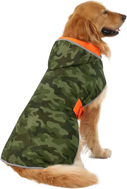 Reversible Hooded Dog Raincoat Slicker Poncho for Small Medium Large Dogs - Camo Orange - L - Polyester