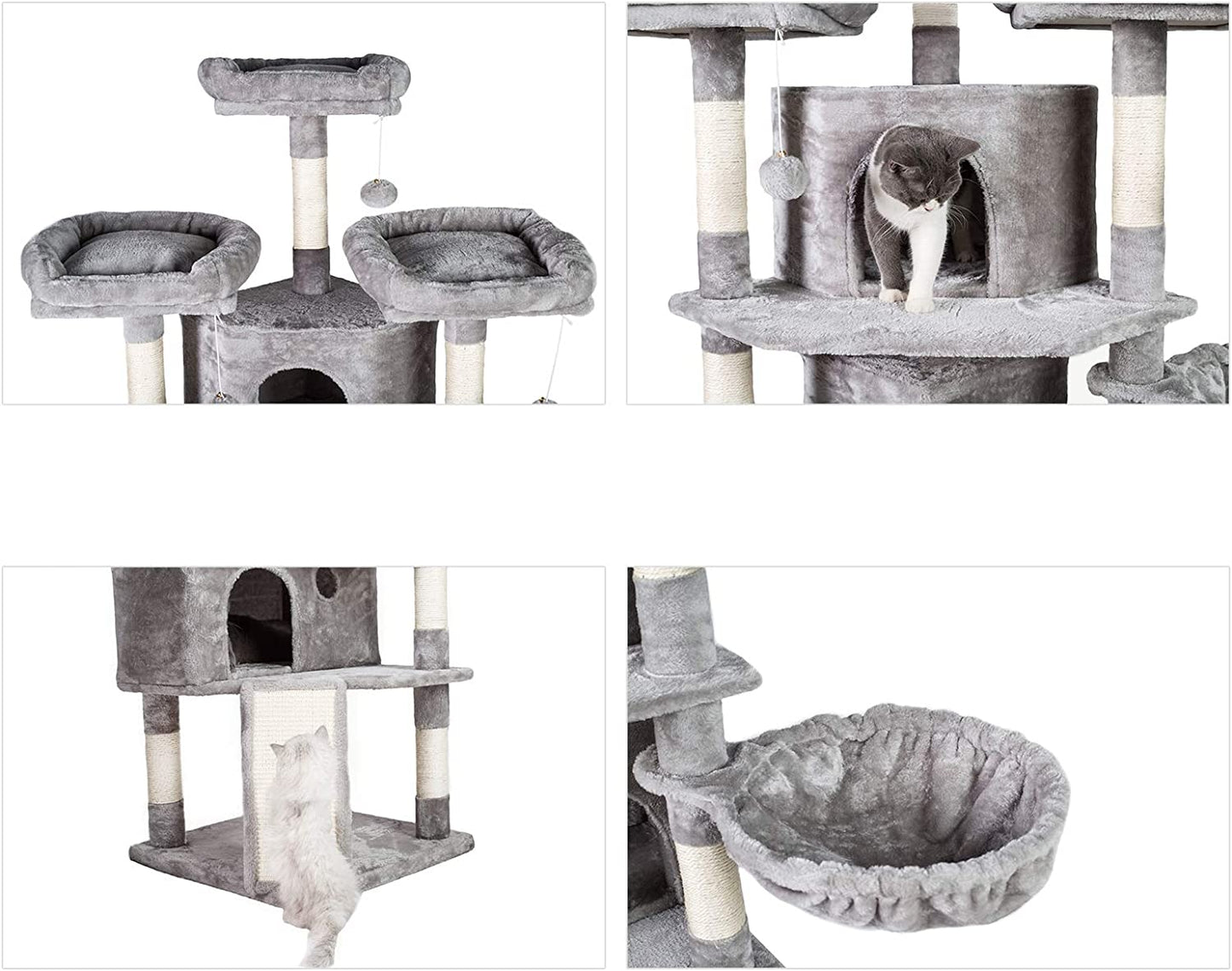 Cat Tree Tower with Multi-Level Large Condo, Platform, MPJ032W | 73.4 Inch Cat Tower with 3 Caves, 3 Cozy Perches, Scratching Posts, Board, Activity Center Stable for Indoor Cats, Light Gray