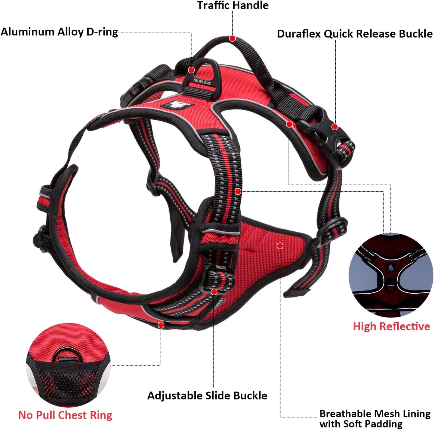 Adjustable No-Pull Dog Harness Reflective Pup Vest Harnesses Comfortable Control Brilliant Colors Truelove Tlh5651(Gray,L) | Front Clip, No-Choke, Soft Padded, Control Handle, anti Escape, Dog Car Harness, Walking and Training, Escape Proof, TLH5651