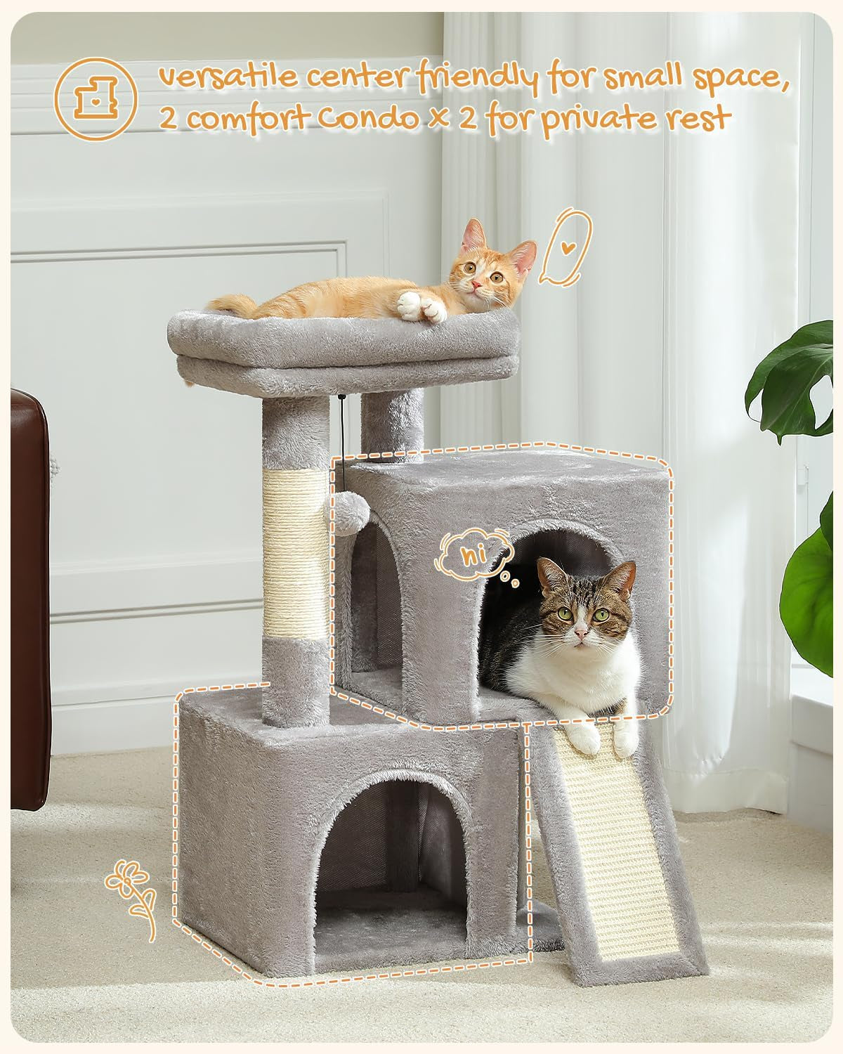 30" Cat Tower, Small Cat Tree with 2 Condos for Indoor Cats | Cat Trees for Small Cats,Cat Houses with Scratching Ramp and Posts,Dual Condos&Top Perch for Multi-Cat