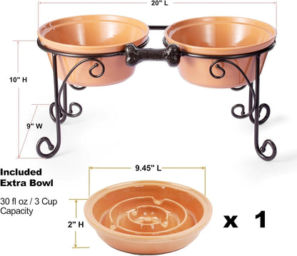 Elevated Dog Bowl Stand with 3 Large Ceramic Bowls – Raised Feeding Station for Medium & Large Dogs, Includes 2 Standard Bowls + 1 Slow Feeder, Durable Iron Frame, Non-Slip (Almond)