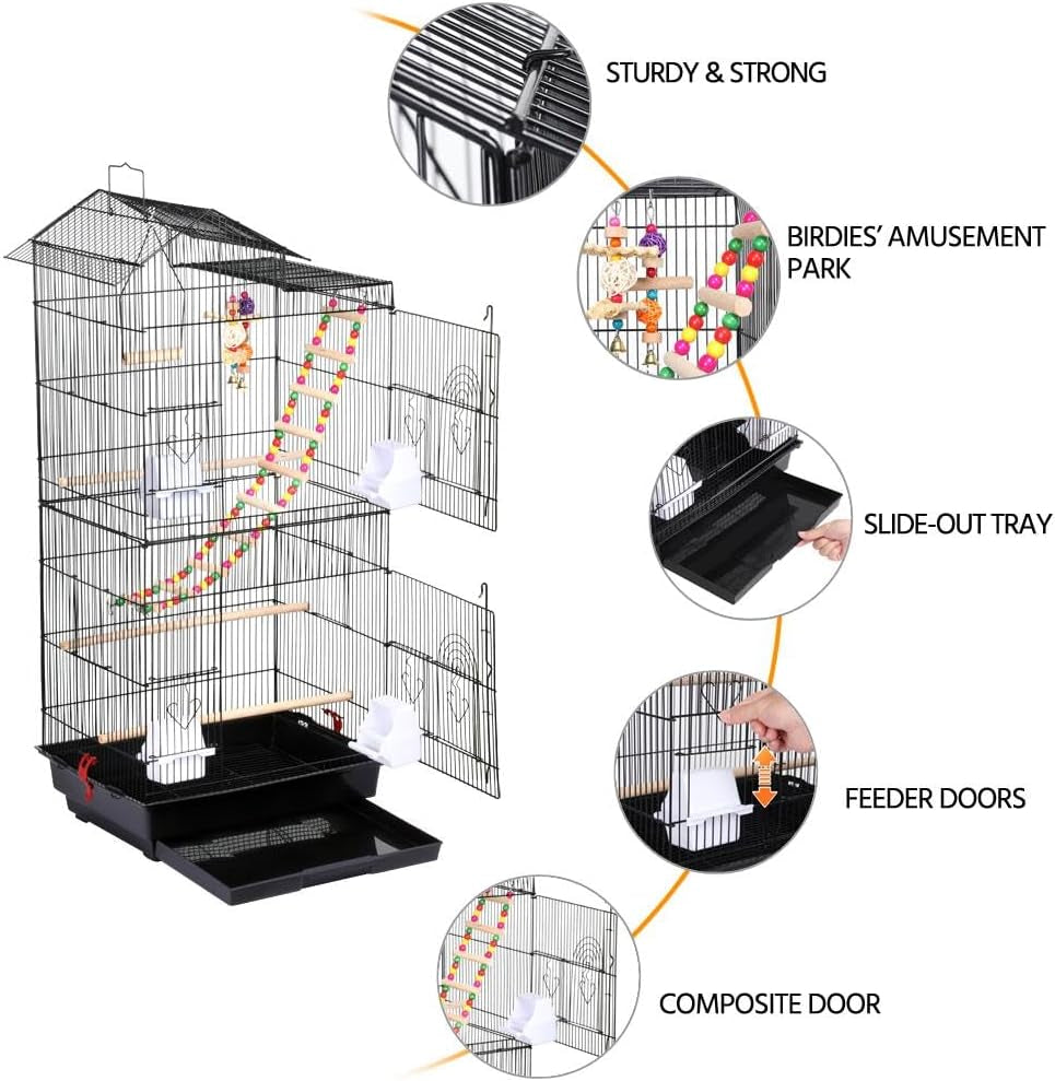 Yaheetech 39" Roof Top Flight Cage with Toys, Wrought Iron Bird Cage for Cockatiels, Conures, Lovebirds, Budgies & Small Birds