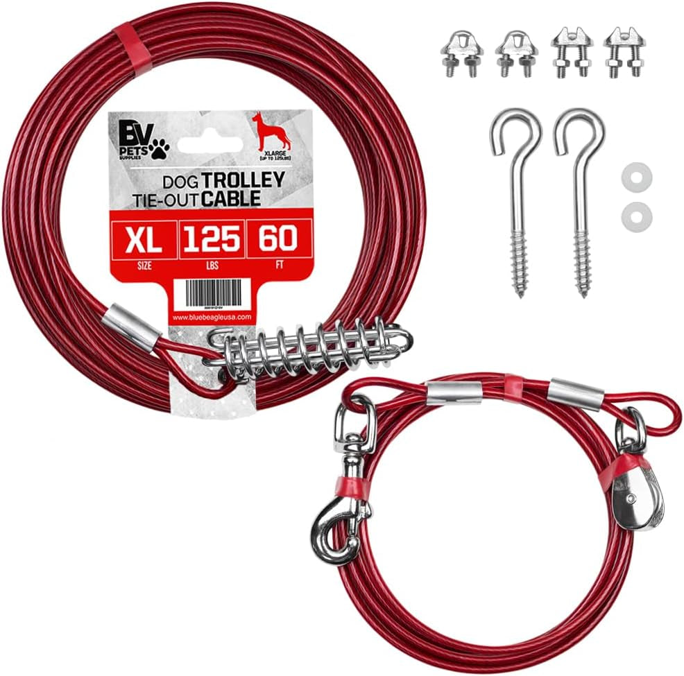 60Ft Aerial Pet Trolley System with 10Ft Pulley Lead - Heavy Duty Dog Tie Out for Yard up to 125 Lbs, Reflective Run Cable (Not a Leash, Bare End)