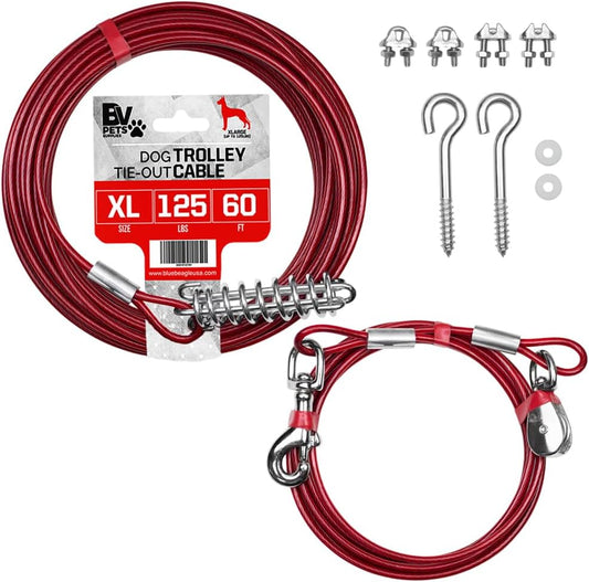 60Ft Aerial Pet Trolley System with 10Ft Pulley Lead - Heavy Duty Dog Tie Out for Yard up to 125 Lbs, Reflective Run Cable (Not a Leash, Bare End)