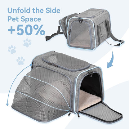 Medium Expandable Cat Carrier for Air Travel, up to 13 Lb | 17 X 11 X 11 In; Sized for Delta Airlines, with Locking Zippers, a Handy D-Ring, Large Pocket and Multi-Side Ventilation.