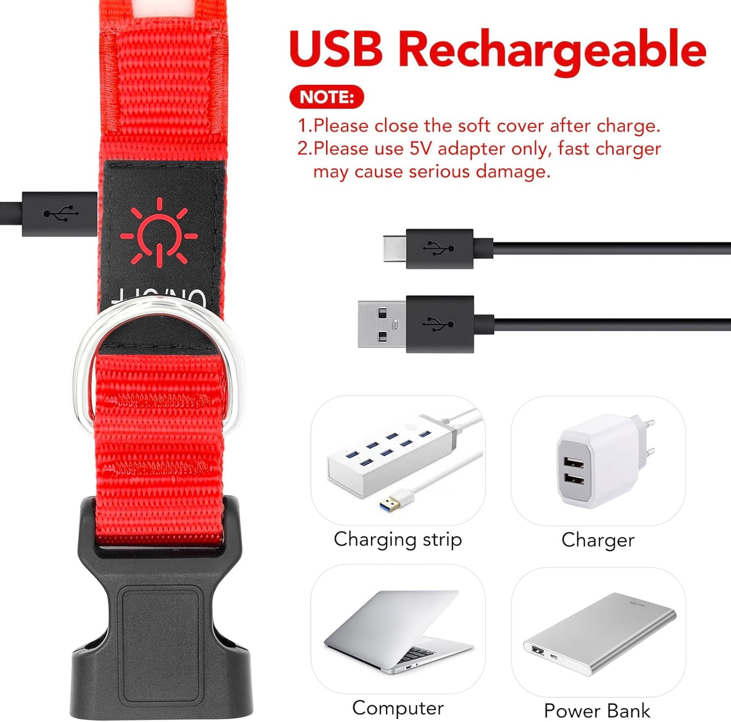 LED Dog Collar, Light up Dog Collar Adjustable USB Rechargeable Super Bright Safety Light Glowing Collars for Dogs(Small,Red)