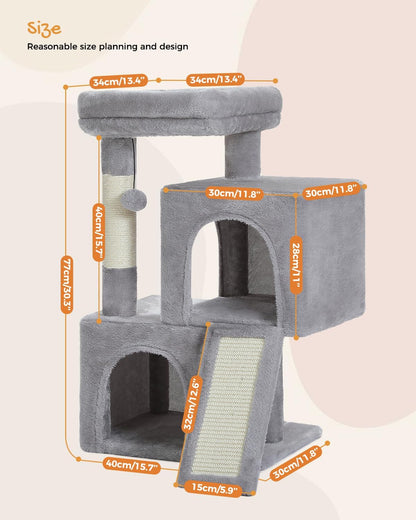 30" Cat Tower, Small Cat Tree with 2 Condos for Indoor Cats | Cat Trees for Small Cats,Cat Houses with Scratching Ramp and Posts,Dual Condos&Top Perch for Multi-Cat
