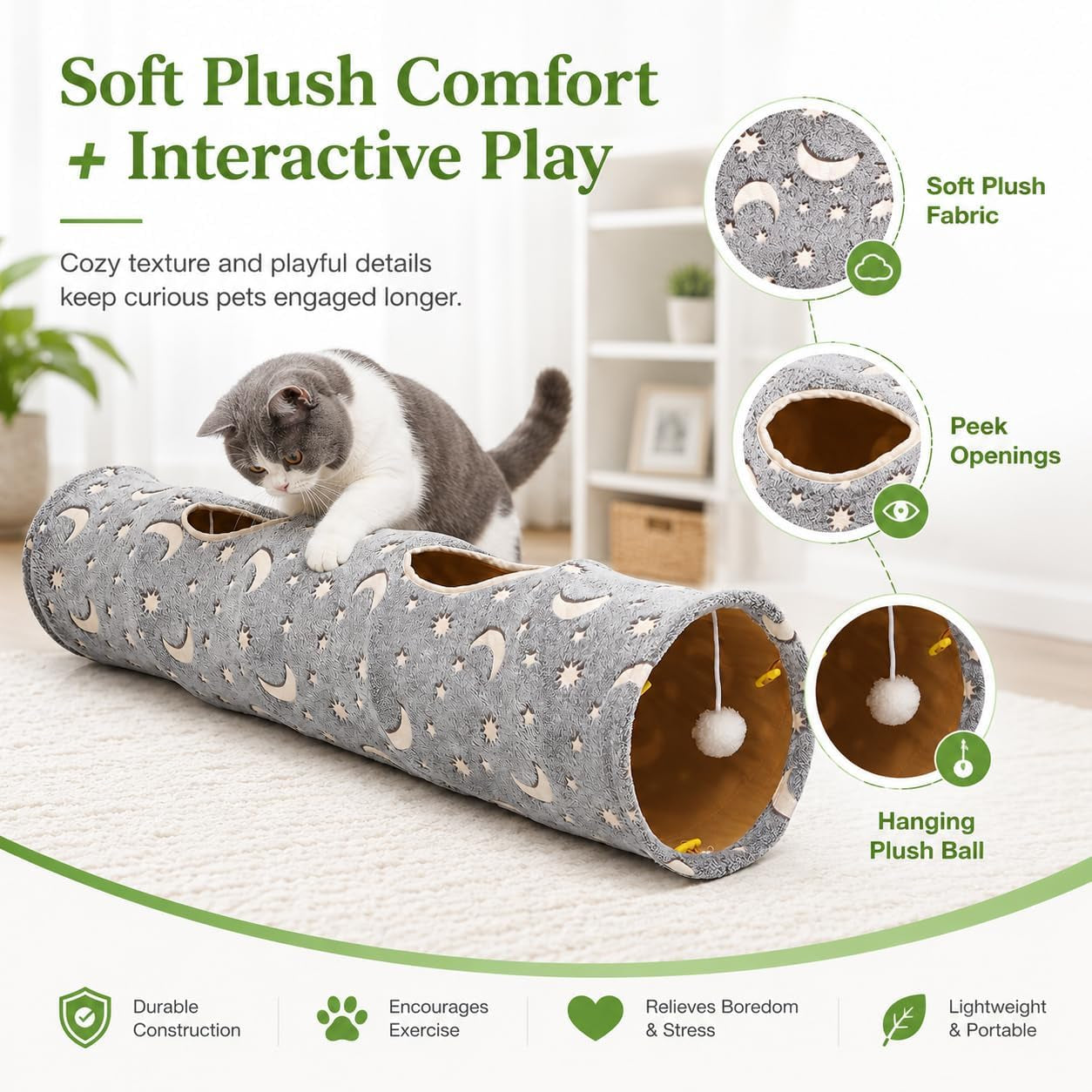 Cat Tunnel Tube with Plush Ball Toys Collapsible Self-Luminous Photoluminescence, for Small Animals Pets Bunny Rabbits, Kittens, Ferrets,Puppy and Dogs Grey Moon Star