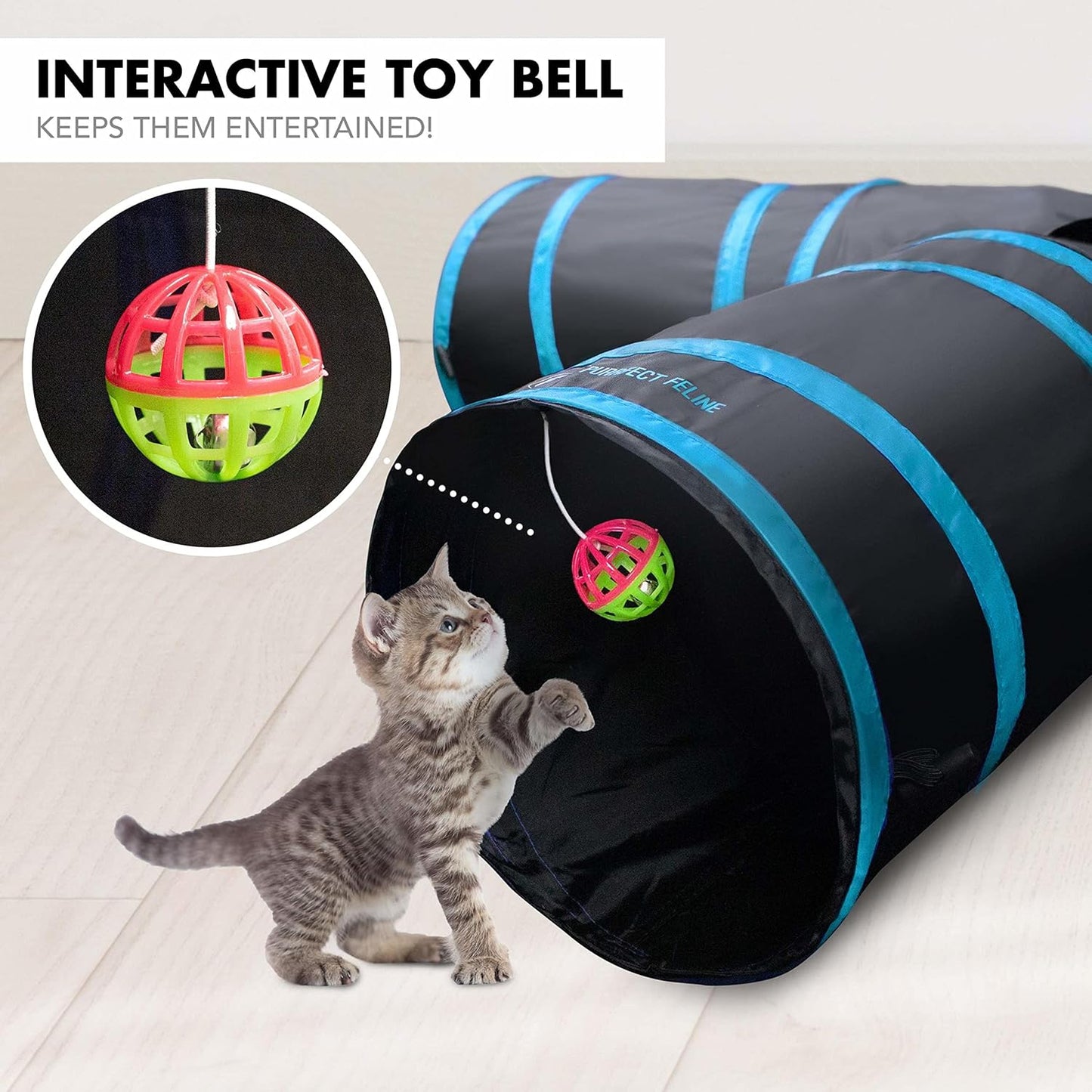 - 4 Way Tunnel and Crinkle Toy - Interactive Cat Toy with Ball - Suitable for Ferrets, Rabbits or Small Dogs - Light Blue - XL