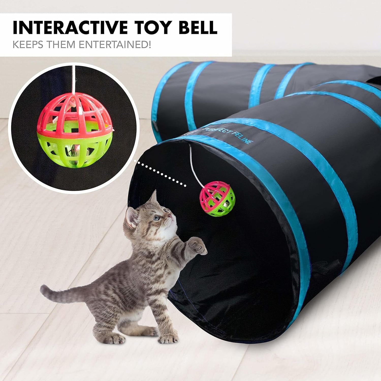 - 4 Way Tunnel and Crinkle Toy - Interactive Cat Toy with Ball - Suitable for Ferrets, Rabbits or Small Dogs - Light Blue - XL
