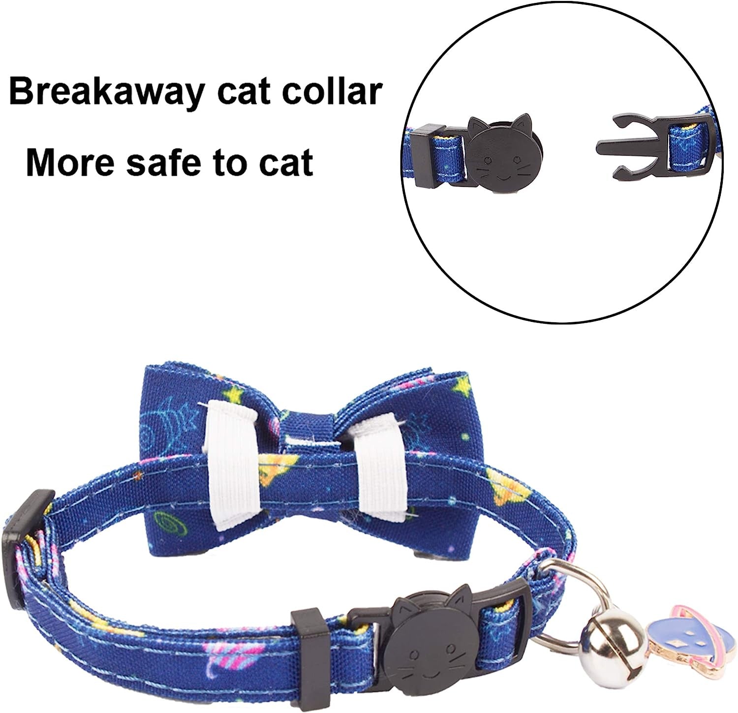 Dinosaur Boy Cat Collar Breakaway with Bow Tie Bell, 2 Pack | Soft Fabric, Safe Breakaway Buckle, Cute Dinosaur & Space Print, Detachable Bowtie & Charm, Adjustable, for Kitten Cat