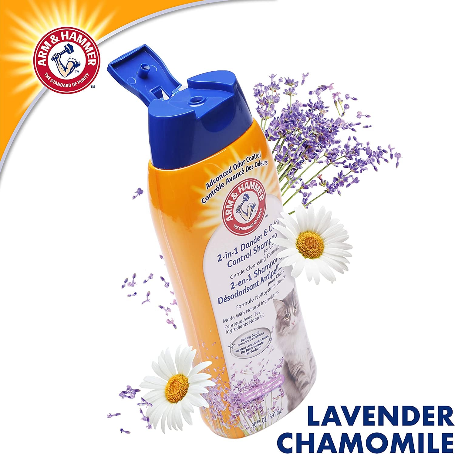 2-In-1 Deodorizing Cat Shampoo, Lavender Chamomile, 20 Fl Oz | Baking Soda Formula Reduces Dander While Cleaning and Deodorizing the Coat in One Wash