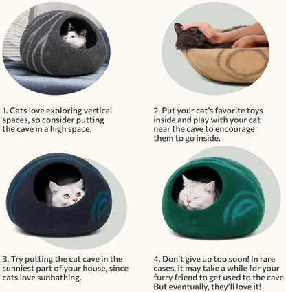 Cat Cave – Premium Felt Cat Bed Enclosure for Indoor Cats, Handmade Merino Wool (Aquamarine, Medium)