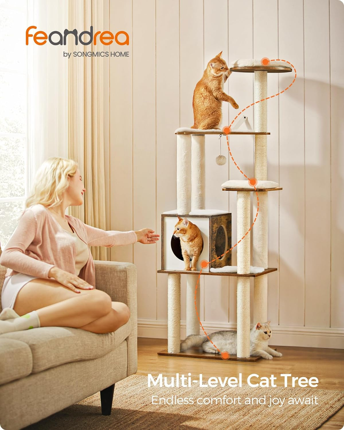 Cat Tree, 64.6-Inch Modern Cat Tower, Multi-Level Condo with 5 Scratching Posts, Perch, Washable Removable Cushions, Cave, Rustic Brown UPCT166X01