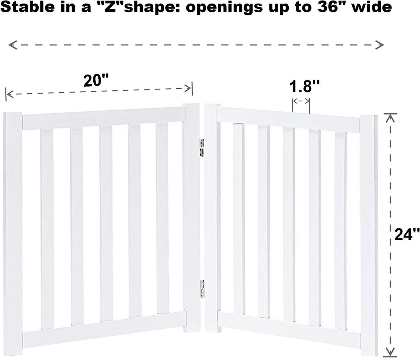 Wooden Free Standing Dog Gate 40" W X 24" H, Foldable Solid Hardwood Pet Safety Fence for House Doorways, Stairs, Hallways, Step-Over Pet Barrier, No Drill Easy Setup, White