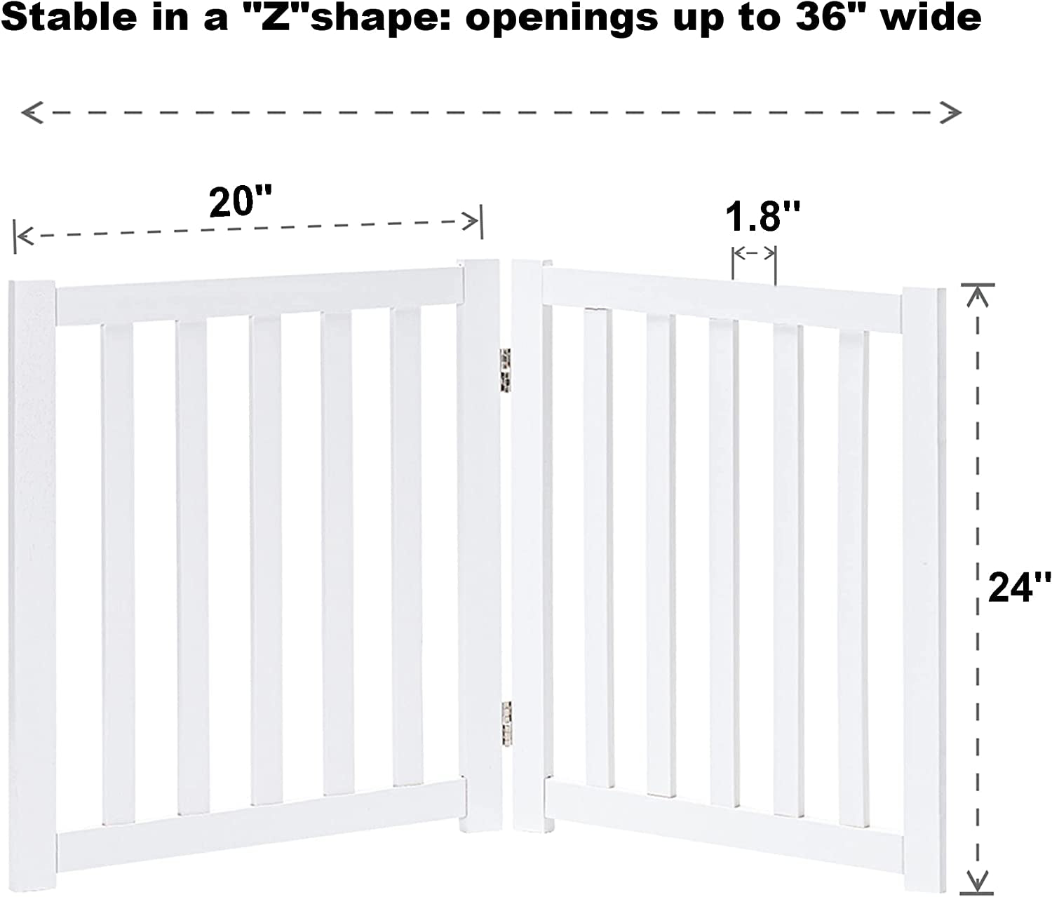 Wooden Free Standing Dog Gate 40" W X 24" H, Foldable Solid Hardwood Pet Safety Fence for House Doorways, Stairs, Hallways, Step-Over Pet Barrier, No Drill Easy Setup, White