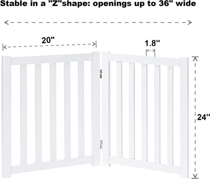 Wooden Free Standing Dog Gate 40" W X 24" H, Foldable Solid Hardwood Pet Safety Fence for House Doorways, Stairs, Hallways, Step-Over Pet Barrier, No Drill Easy Setup, White