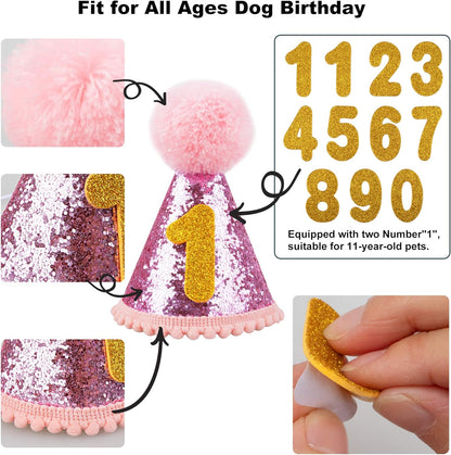 Dog Birthday Party Supplies Bandana Hat Banner Set Dog Boy Girl Cute Bow Tie Scarf Birthday Decorations (Pink with Balloon)